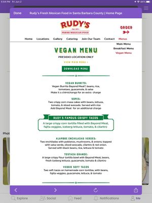Vegan menu  at Rudy's in Santa Barbara