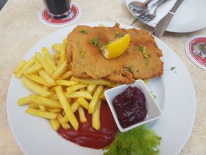 Vegan Cordon bleu with mountain of fries. at Dada in Regensburg