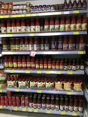 Pasta sauce section at Conad Aega Merxhani in Shkoder