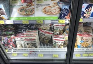 Frozen fruits and mushrooms (and some frozen vegetarian pizza) at Conad Aega Merxhani in Shkoder