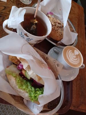 Vegan falafel sandwich and coffee at Ofvandahls Hovkonditori in Uppsala