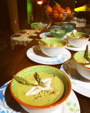 Dinner @ the Waterfall Villas is a 3 course meal unless you are on a detox program … the starter today is asperagus soup with fresh made coconut cream - from scratch   at Waterfall Villas in Dominical