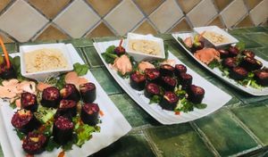 Raw sushi with the aloha pate and heart of palm and cashew rice with a miso tahini and tamarind sauce  at Waterfall Villas in Dominical