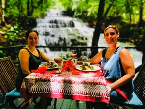 Romantic lunch at the Waterfall Villas ! Vegan brocoli quiche and salad followed by a plate of homemade organic chocolate truffles, raw vegan carrot cake, and exotic fruits  at Waterfall Villas in Dominical