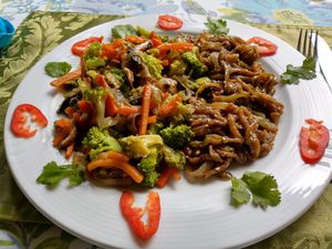 Vegan and gluten free hand cut eggplant noodles with gomasio all fresh made ... with a melody of veggies in a cilantro sauce at Waterfall Villas in Dominical