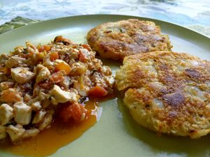 Yuca cakes with tofu scramble  at Waterfall Villas in Dominical