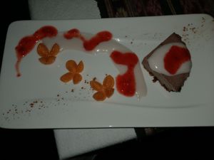 Raw Chocolate tart with strawberry and coconut sauces at Waterfall Villas in Dominical