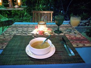 Starter Zucchini Soup (dinner always had a starter, entree and dessert) and that view!!! at Waterfall Villas in Dominical
