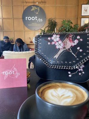 Late with oat milk at Root25 in East London