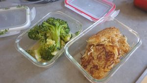 takeout breakfast side dishes on yom shishi (friday)! hash browns and broccoli. I bring my own containers! at The Miznon in Dimona