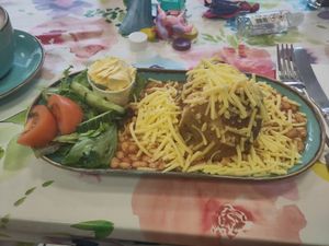 Jacket potato with vegan cheese and beans at E & R Tearoom in Lutterworth