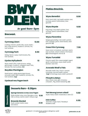 Brunch / breakfast menu at Pete's Eats in Llanberis