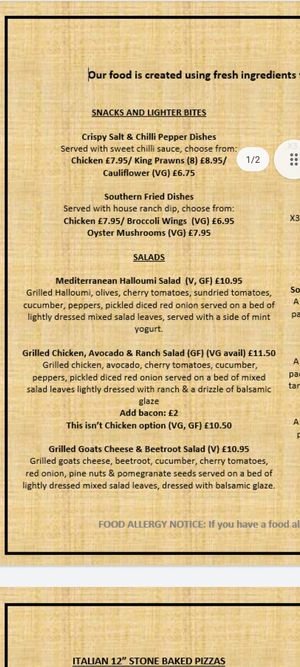 Menu at Bulls Head in Marple