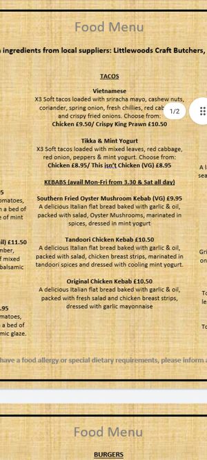 Menu at Bulls Head in Marple