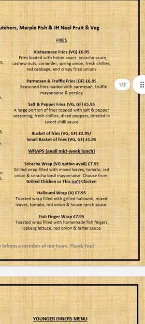 Menu at Bulls Head in Marple