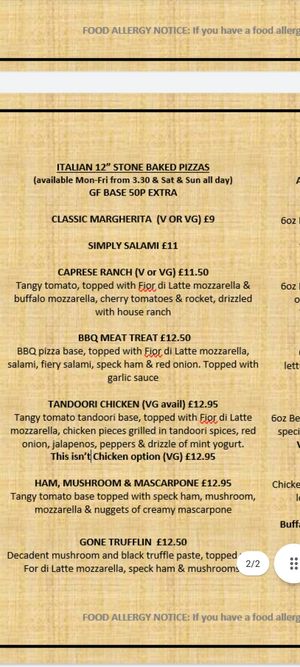 Menu at Bulls Head in Marple