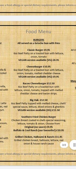 Menu at Bulls Head in Marple