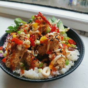 Crispy Salt and pepper tofu rice bowl at Bulls Head in Marple