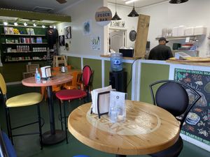 Tall tables and open kitchen  at Naked Vegan in Greenville