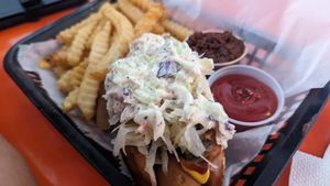 Hotdog with fried and chili on the side at Naked Vegan in Greenville