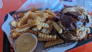 Chicken sandwich with fries and honey mustard at Naked Vegan in Greenville