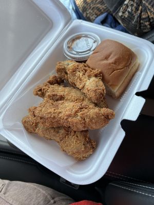 Atlas Monroe chick’n tenders with bbq sauce and roll…reminds me of Cookout 🤤  at Naked Vegan in Greenville