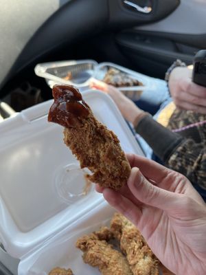 Tender dipped in BBQ  at Naked Vegan in Greenville