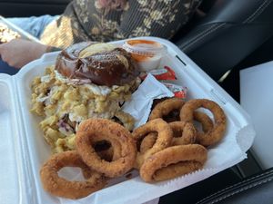 Atlas Monroe Chick’n Sando with Onion Rings  at Naked Vegan in Greenville