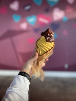 The best pumpkin soft serve you’ll ever have (with the Magic Shell in a gluten free waffle cone)  at Yoga-urt - Santa Monica in Santa Monica