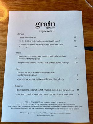 Vegan menu at Grain of the Silos in Invermay