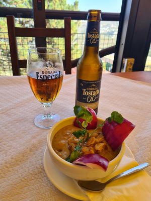 Amazing tradicional gofio escaldado made vegan with red onion and berros (use the onion to eat the gofio!) at El Rincón de Marcos in Gran Canaria