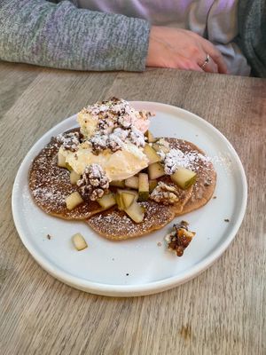 Vegan pear crumble pancakes at The Garden of Easton in Bristol