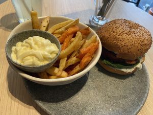Fries with aioli (nice) and Le blue no-burger (blue cheese taste was too strong for me)  at Copper Branch in Utrecht