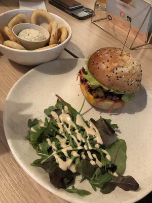 onion rings and shiitake burger  at Copper Branch in Utrecht