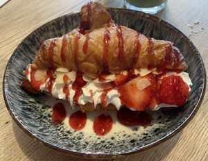 Red dream croissant: tasty filling and topping, but the croissant wasn’t crispy. It reminded me of pre-packaged croissants.  at Copper Branch in Utrecht