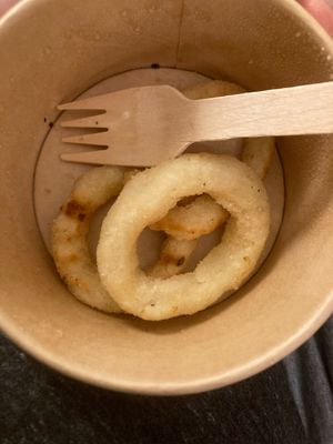 Sad, pale, and floppy onion rings.  at Copper Branch in Utrecht