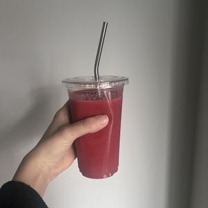 Smoothie. A bit disappointed because of the plastic container and definitely not worth the price (7,40€). It seemed like it was from a store   at Copper Branch in Utrecht