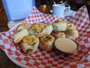 Pickle and "cheddar" dough bites at Seitan's in Edmonton