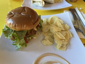 Chick’n burger and chips   at Sweet Vegan Bakes in Chicago