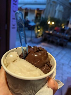 Dark chocolate and sorbet banana ice cream at Gelato bar Bella in Trogir