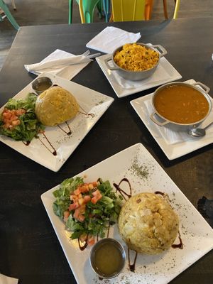 Trifongo and Mofongo with side salads, side of beans, side of white rice. All vegan   at Casa Del Mofongo in Bethlehem