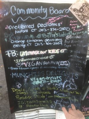 Community board at Khemis Vegan Cuisine in Bridgeport