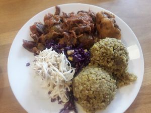 Kasza, 2 salads, a pakora and sabji at Vega in Warsaw