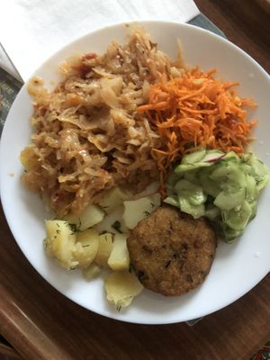 Warm cabbage, potatoes, carrot salad, cucumber and cream salad (very typical polish summer salad) and cutlet   at Vega in Warsaw