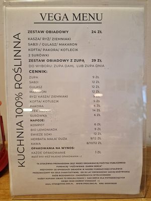 Menu at Vega in Warsaw
