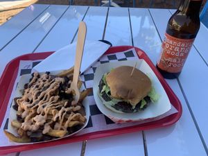 Loaded fries and Southwest black bean burger with Maine root beer at Zonk Burger in Fort Worth
