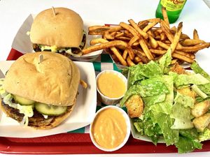 Zonk burgers, fries, Caesar salad   at Zonk Burger in Fort Worth