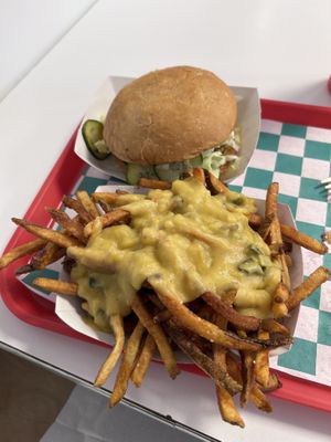 zonk burger and queso fries  at Zonk Burger in Fort Worth