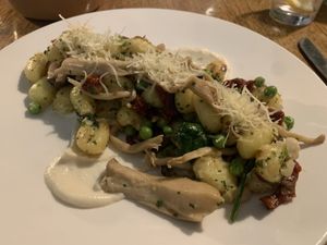 This was a gnocchi with a cauliflower purée, spinach and mushrooms- just beautiful!  at Haselbury Mill in Crewkerne