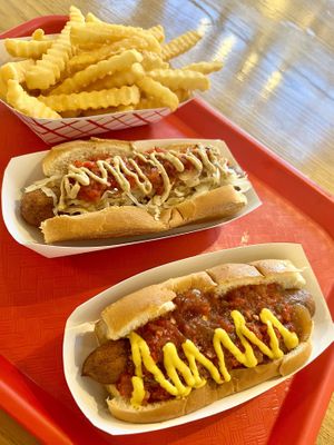 NY hot sauce dog and KC hot sauce dog   at DoggyStyle in Sarasota